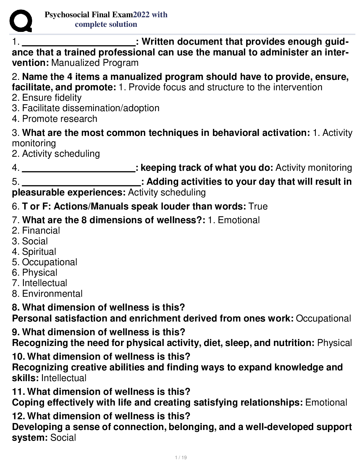 Preview image for Psychosocial Final Exam 2022 with complete solution